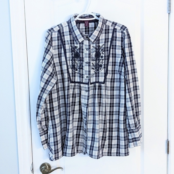 GLORIA Vanderbilt plaid embroidered boho cotton shirt size XL @R - Picture 2 of 10
